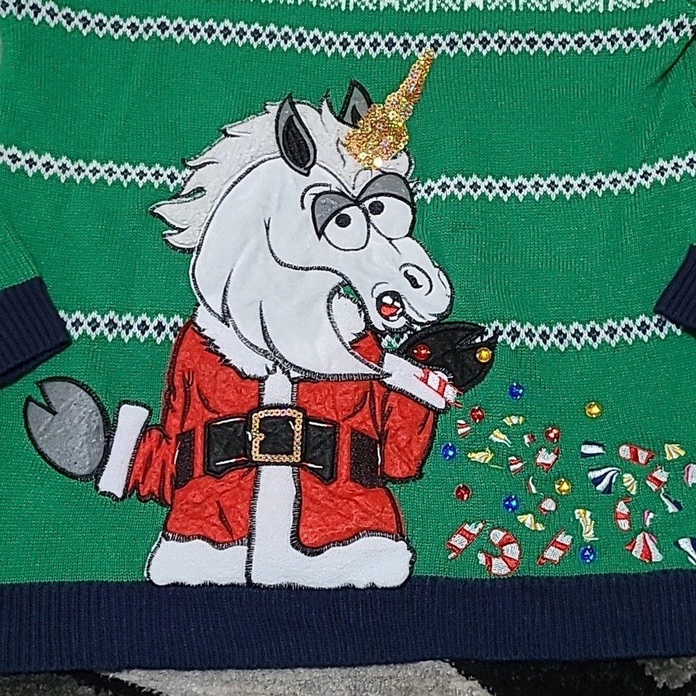 JOLLY SWEATERS EMBROIDERED UNICORN GOLD SEQUINS RHINESTONES CANDY CHRIST… - Picture 2 of 15
